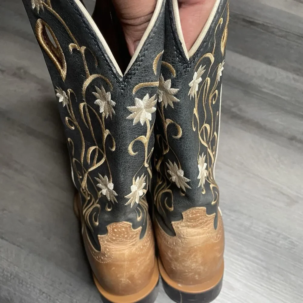 Twisted X Women’s Floral Embroidered Boots Black/Tan Cowgirl Sz 9.5 B